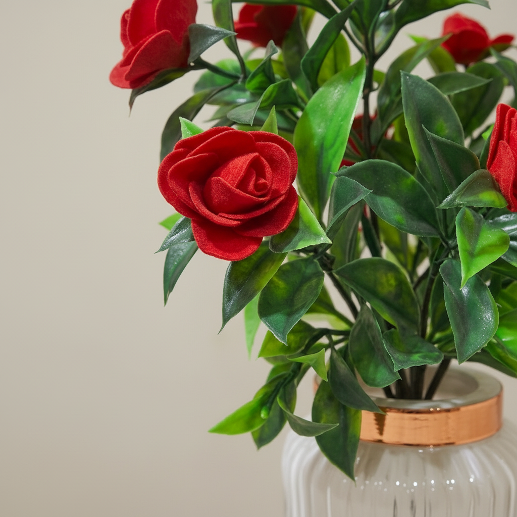 Red Camellia-Style Blossoms and lush green foliage in a white, ribbed Plastic Pot