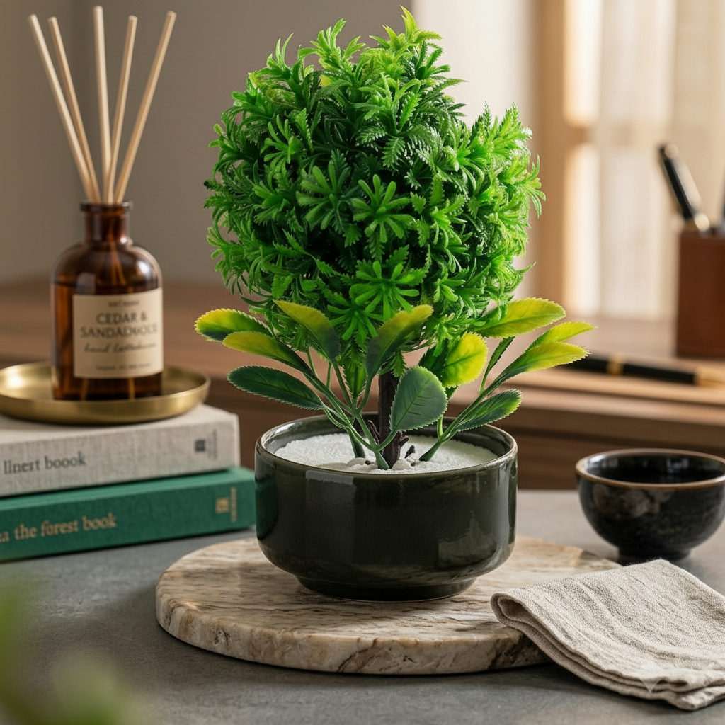 Green Ceramic Pot with Artificial Lush Green Ball shaped Tree