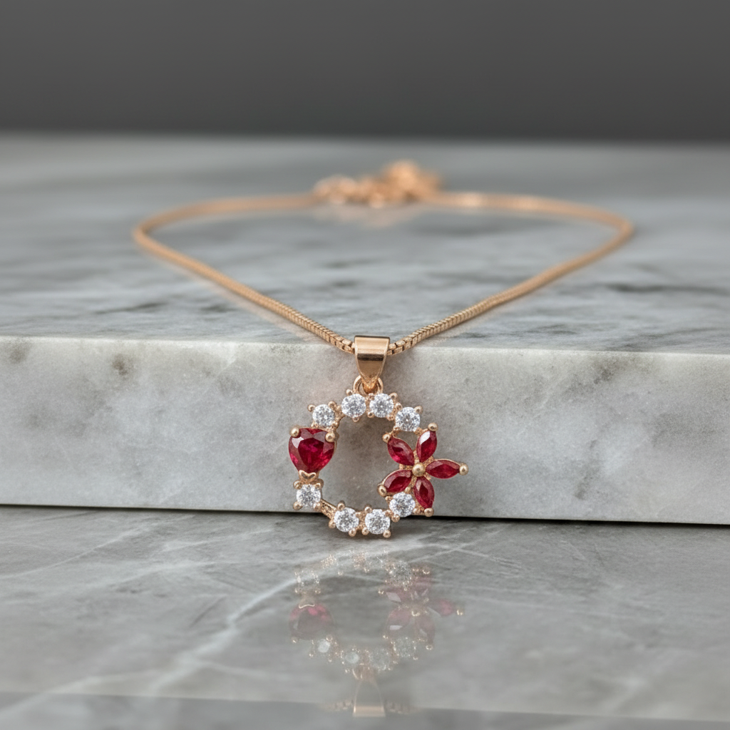 Golden with Red Heart & Flower shape Stones in Charm Locket in Gift Packing