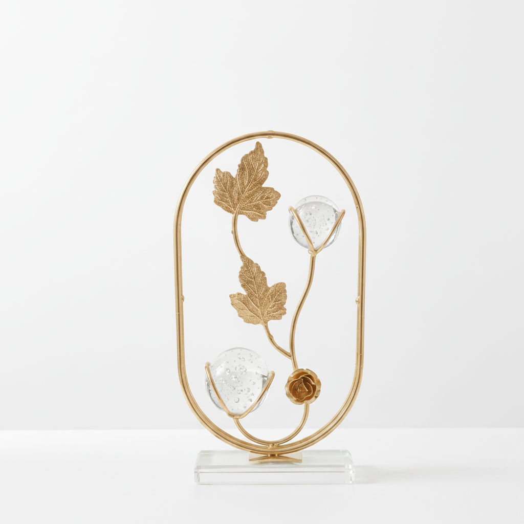Golden Oval Shape Metallic Frame on Glass Platform with Leaves and Crystal Balls inside