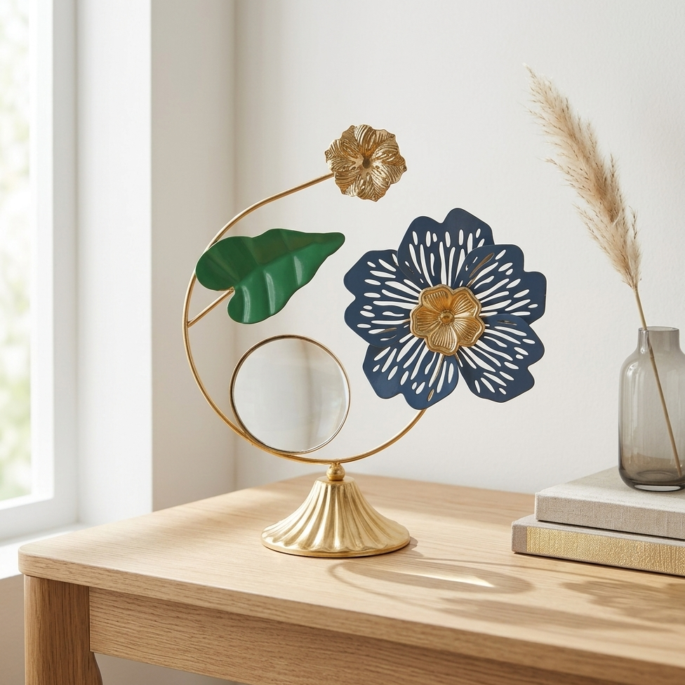 Golden Metallic Semi Circle Frame on Stand with Leave, Flowers & Mirror over it