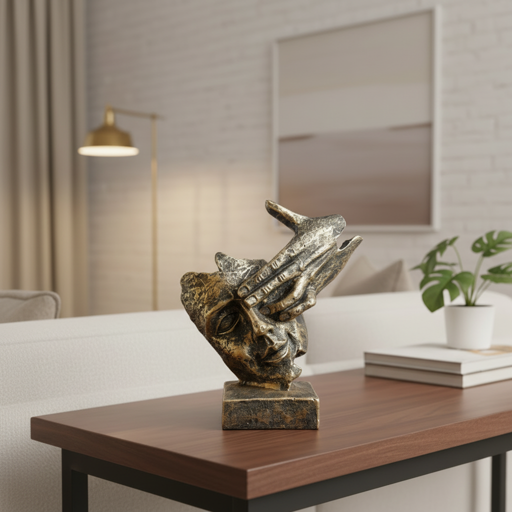 Golden-Black Vintage look Silent Face Sculpture with Hand on Eye & Forehead