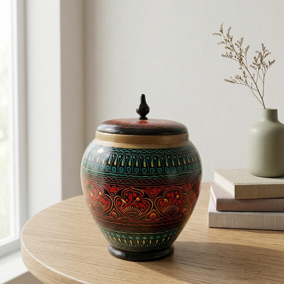 Turquoise-Red-Black Wooden Artistic Naqshi Candy Jar