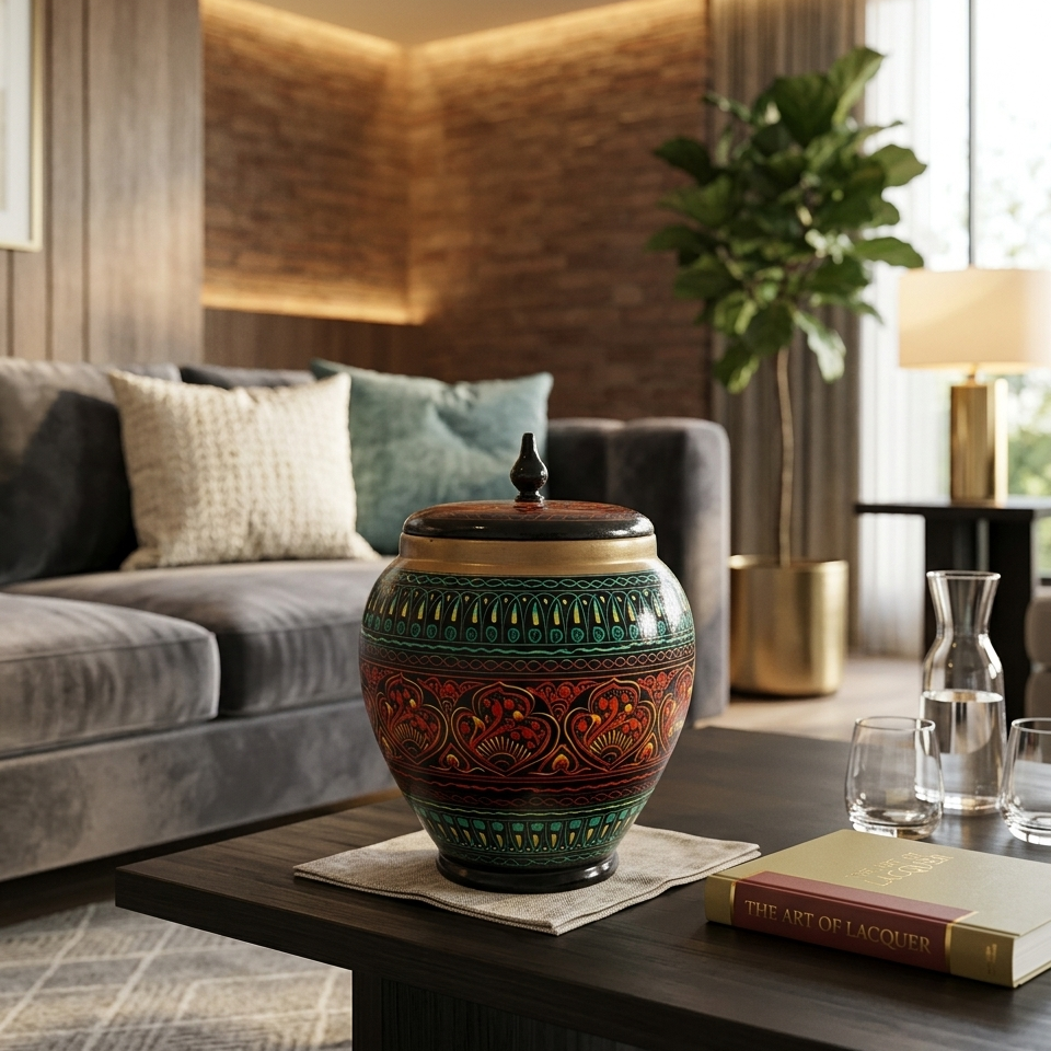 Turquoise-Red-Black Wooden Artistic Naqshi Candy Jar