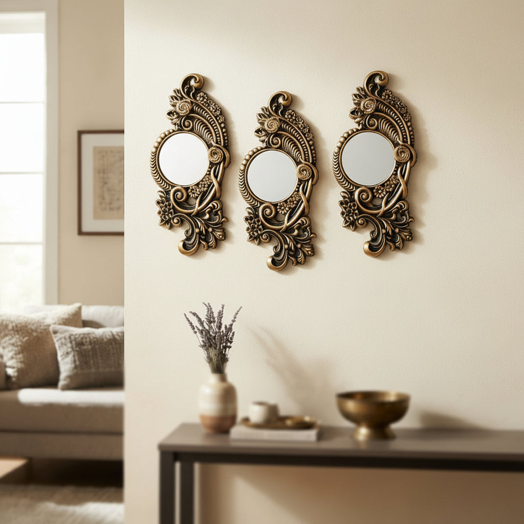 3-PCS Set of Antique Golden Floral Filigree frame with Mirror