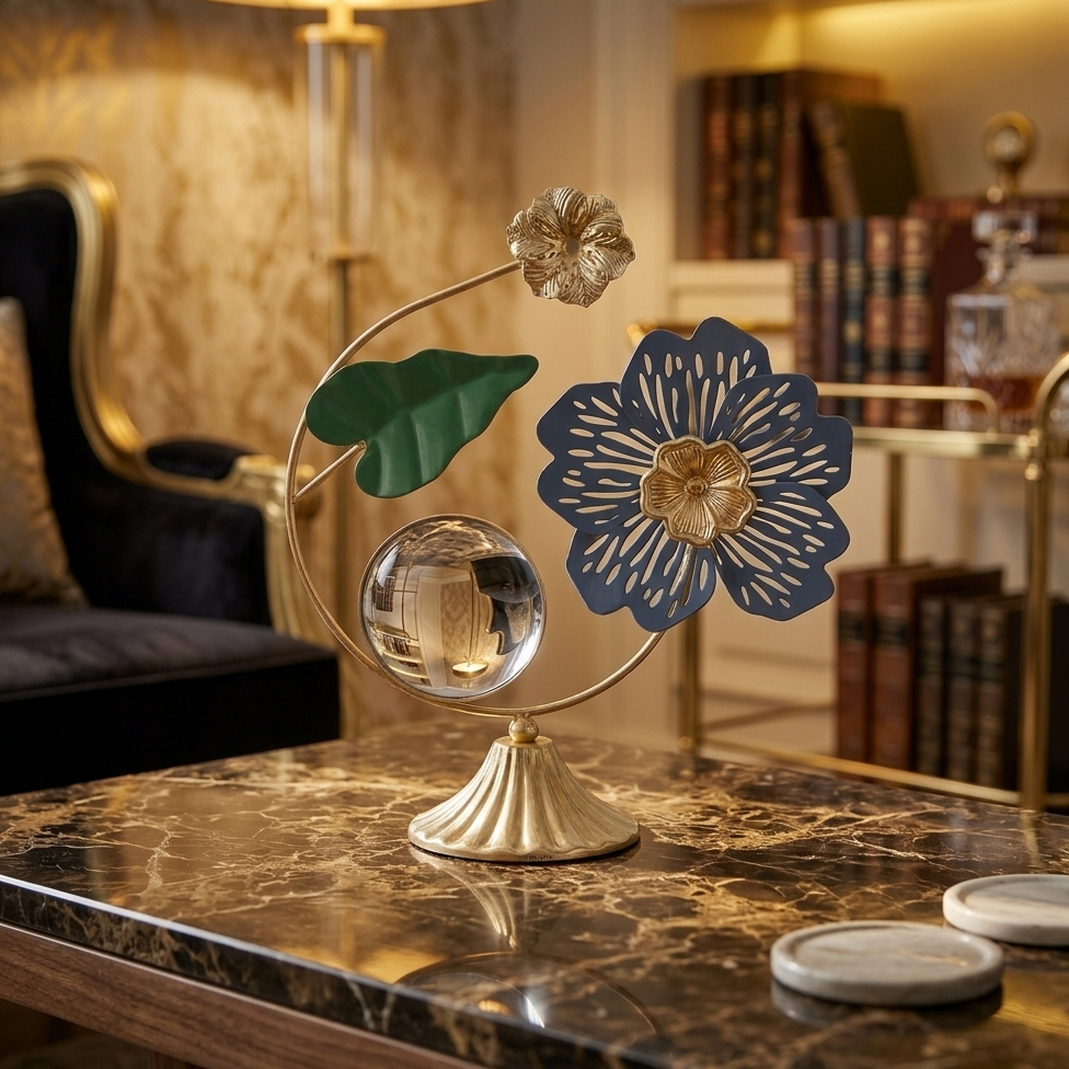Golden Metallic Semi Circle Frame on Stand with Leave, Flowers & Mirror over it