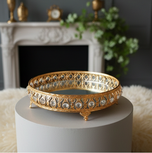 Golden Metallic Round Tray with Crystal Beads in walls and Mirror at Platform (without Décor Items)