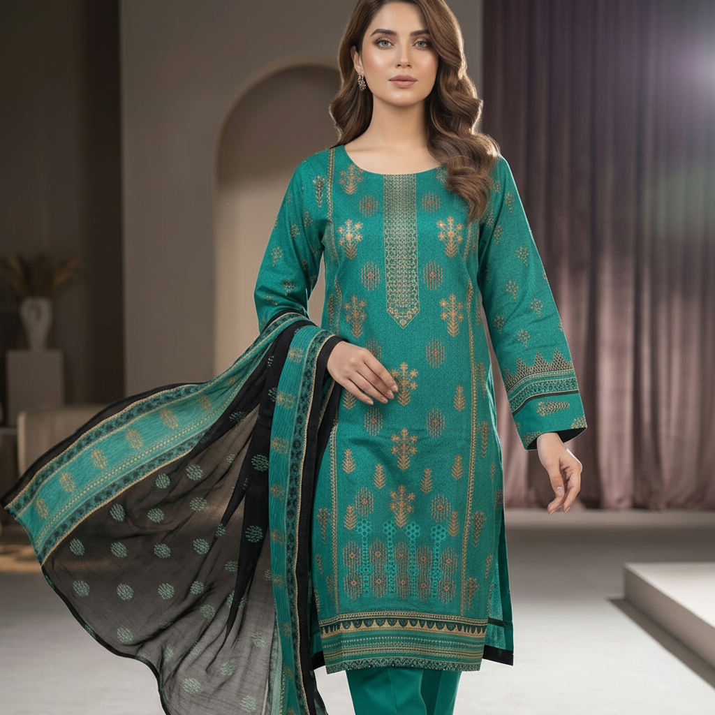 3-Pcs Printed & Embroidered Lawn Suit (Stitched)