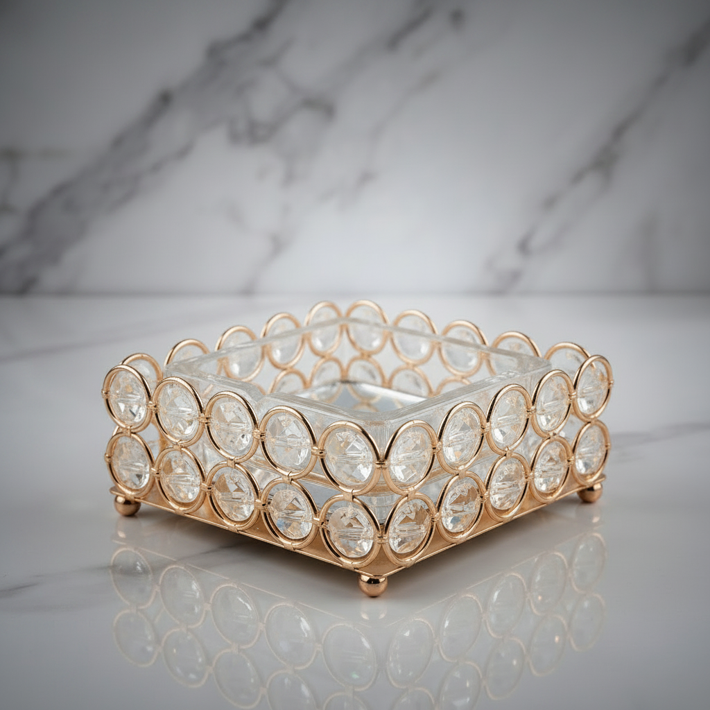 Glass Ashtray in a Golden Metallic Crystal Beaded Stand