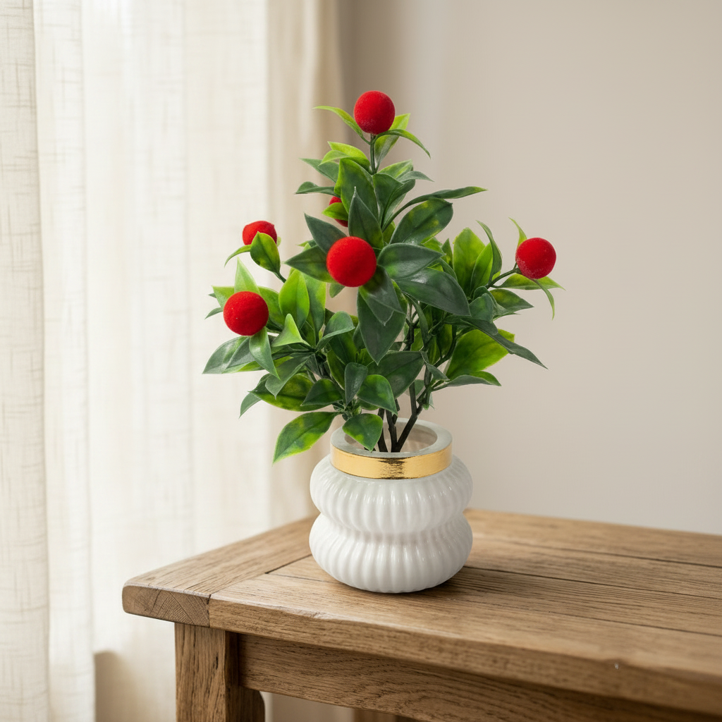 Red Cherry Plant in a white, ribbed Plastic Pot