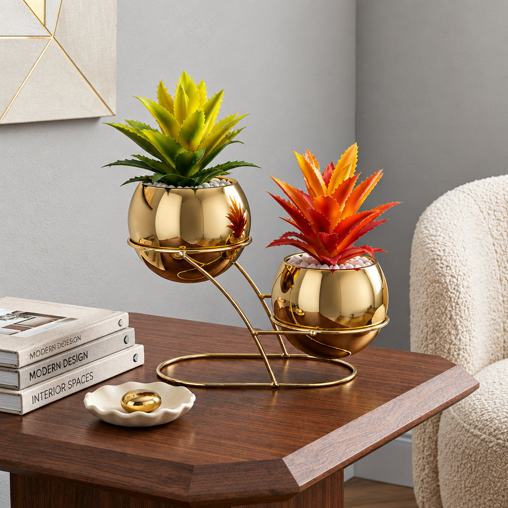 Golden Metallic Stand with 2 Golden Ceramic Pots with Cactus Plants