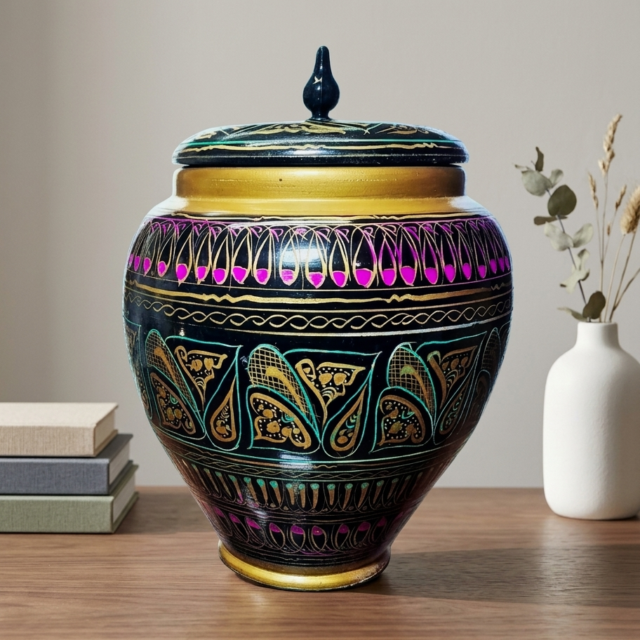 Pink-Yellow-Black Wooden Artistic Naqshi Candy Jar