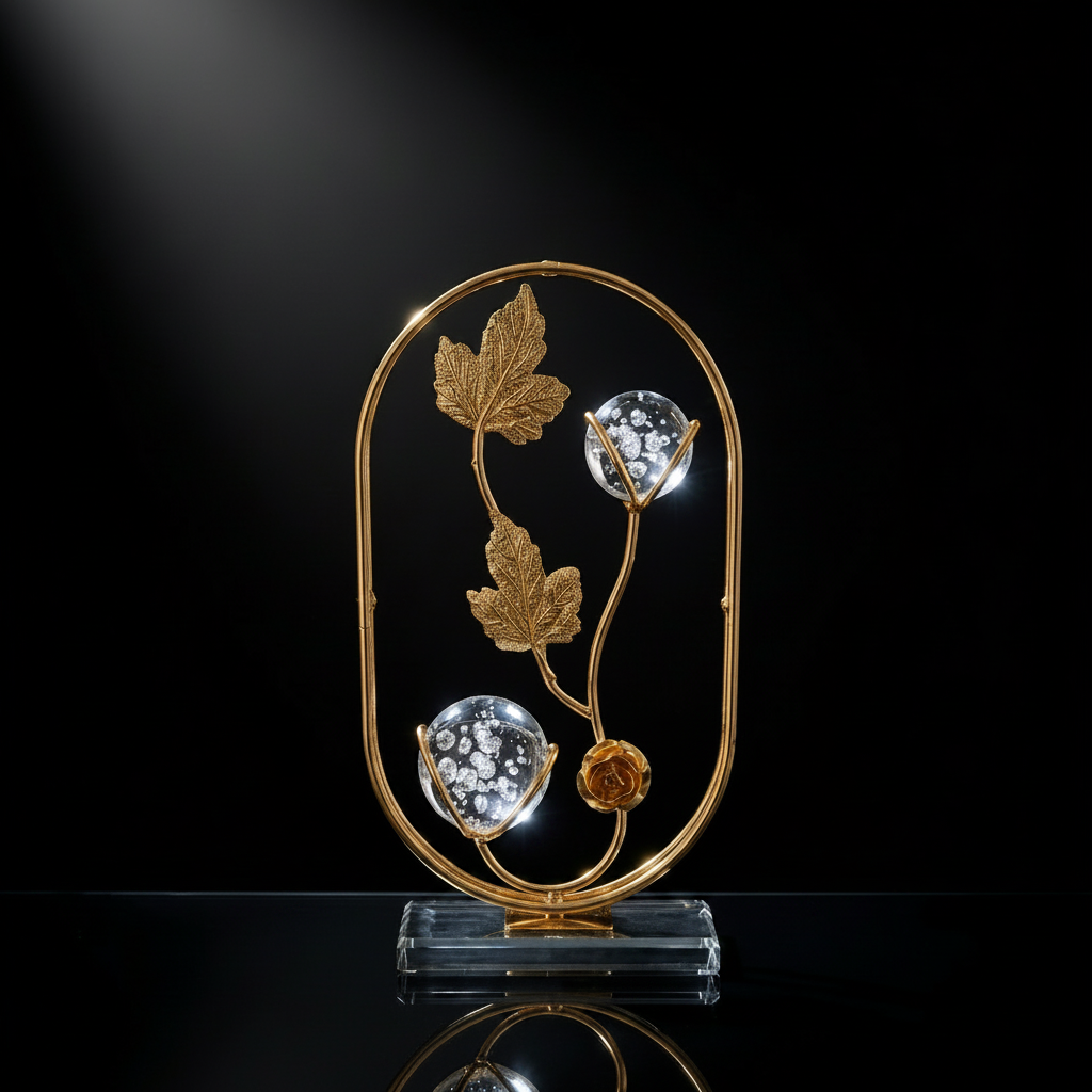 Golden Oval Shape Metallic Frame on Glass Platform with Leaves and Crystal Balls inside