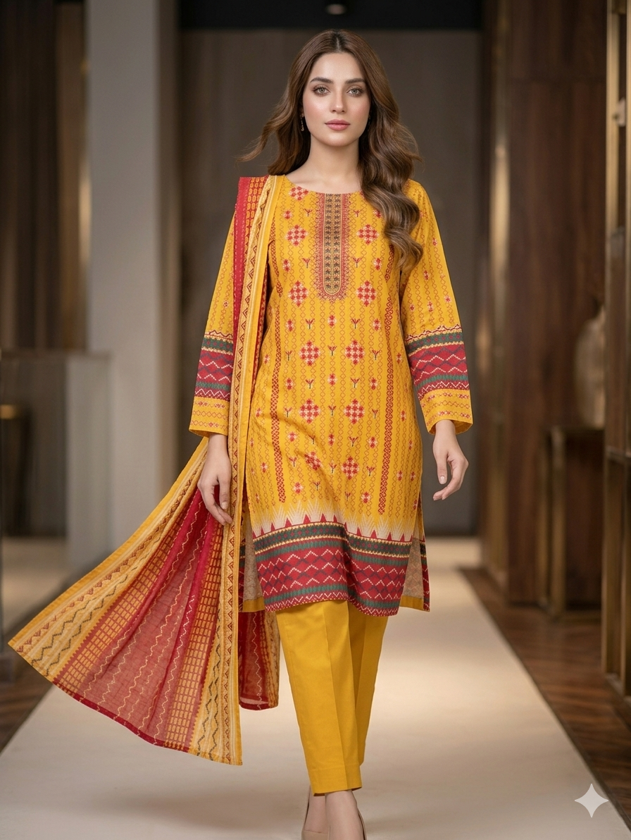 3-Pcs Printed & Embroidered Lawn Suit (Stitched)