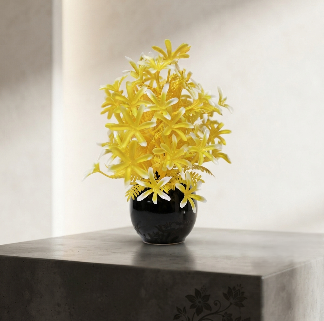 Black Ceramics Pot with artificial Yellow Plant & Flowers