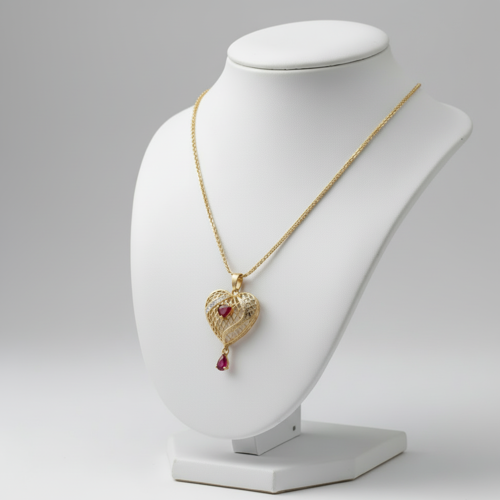 3-Pieces Set of Golden Heart Shape Locket & Earrings with Maroon Stones in Gift Packing