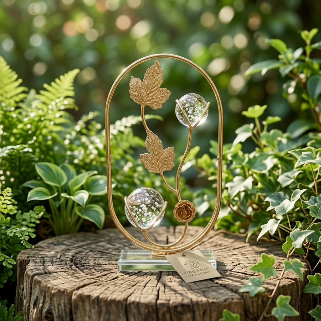 Golden Oval Shape Metallic Frame on Glass Platform with Leaves and Crystal Balls inside