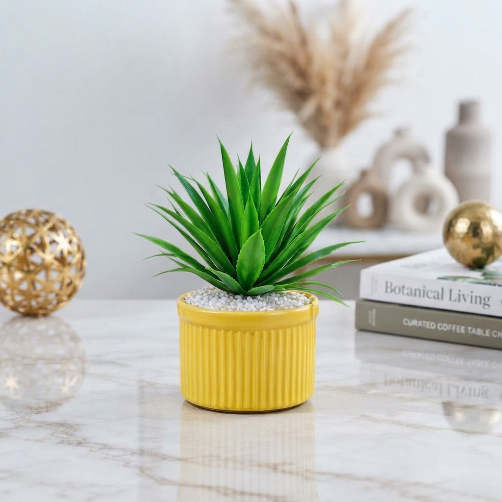 Artificial Green Succulent-style desk plant in a ridged yellow pot