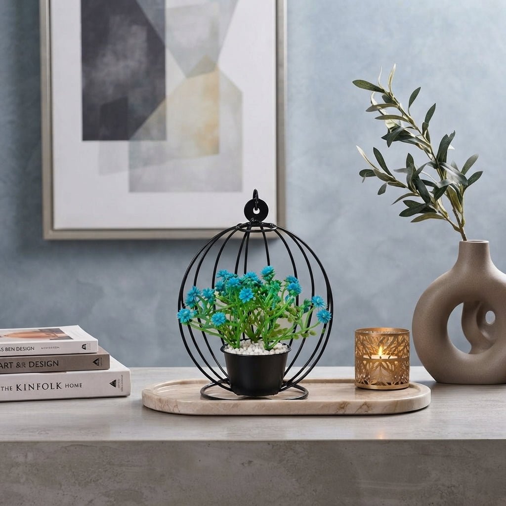 Artificial Flower Pot with Blue Blooms in hanging Chair on Black Metallic Stand