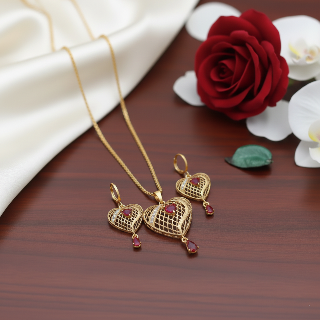 3-Pieces Set of Golden Heart Shape Locket & Earrings with Maroon Stones in Gift Packing