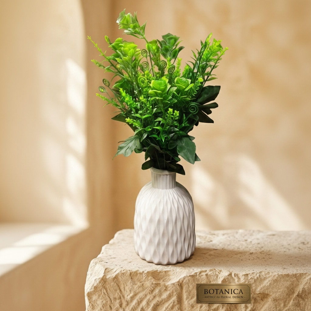 Unique Designer Plastic Vase (White) with Green Plastic Plant Leaves & Flowers