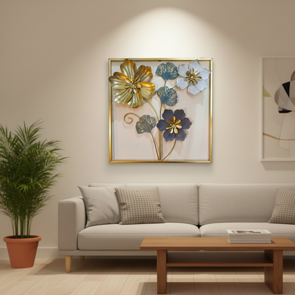 Golden Metallic Square 3d Flowers Wall Décor