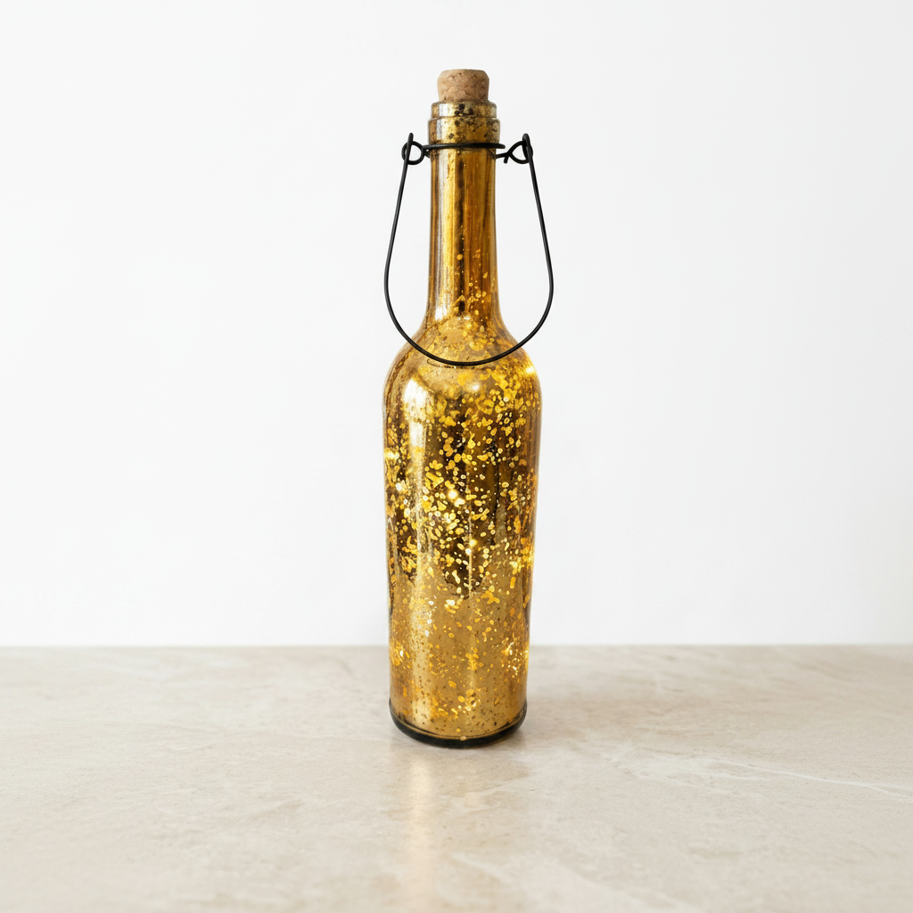 Golden Glass Bottle with Cork at opening and LED Stary String Lights inside