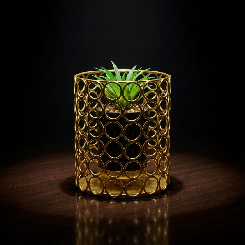 Cactus with Planter inside Golden Metallic Stand