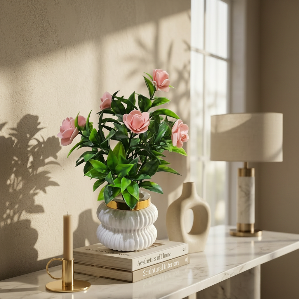 Peach Camellia-Style Blossoms and lush green foliage in a white, ribbed Plastic Pot