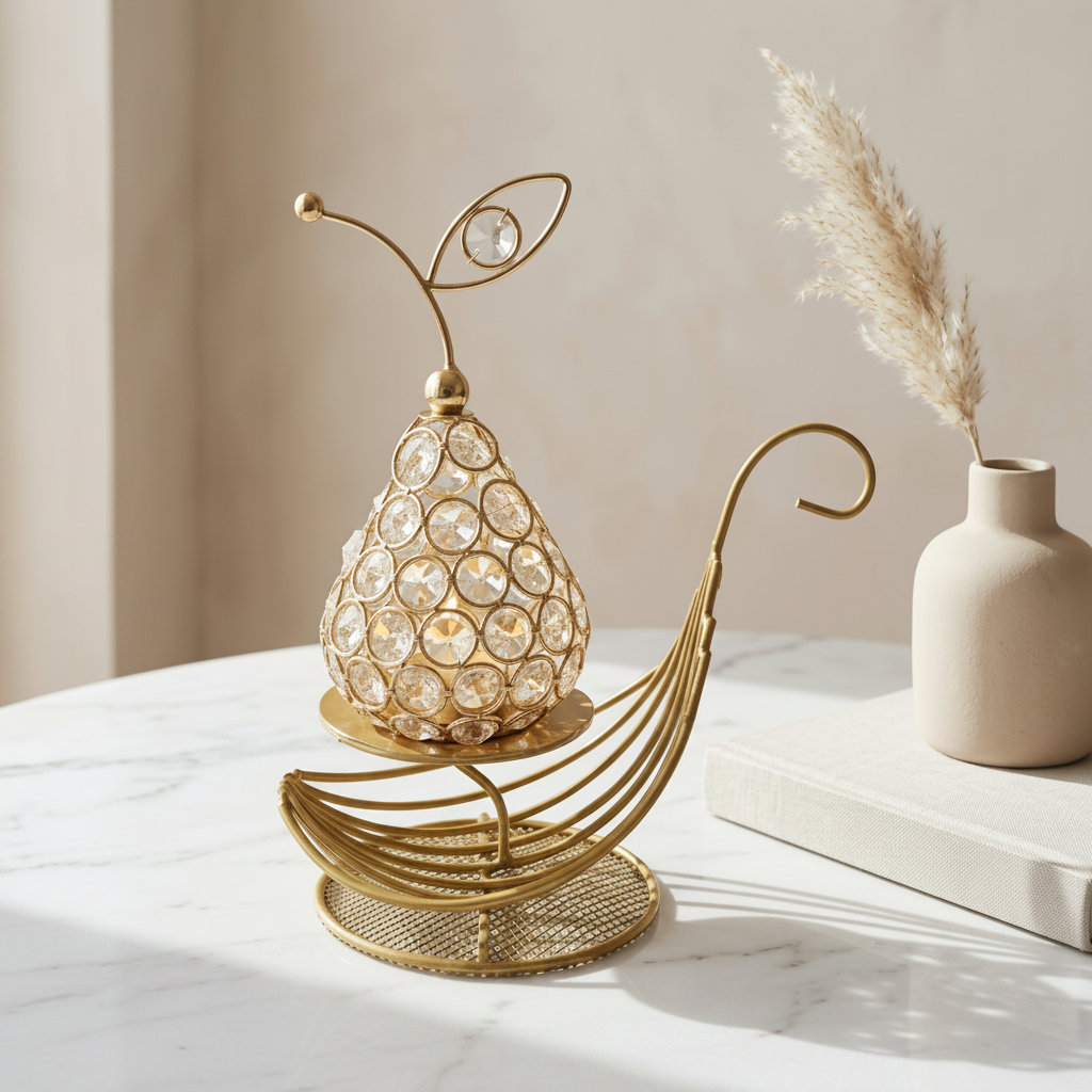 Peer Shape Crystal Table Décor with Flameless LED Candle on Metallic Boat Sail Stand