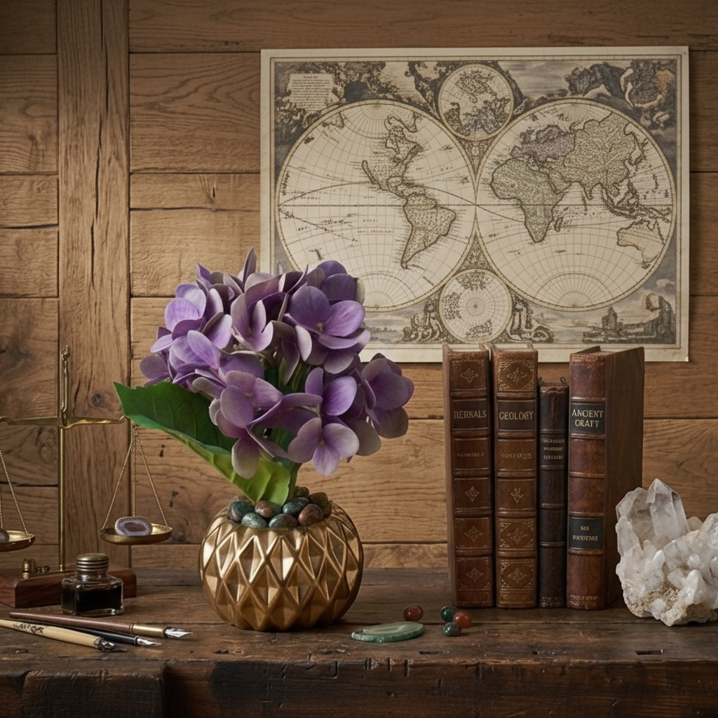 Golden Ceramic Pot with Artificial Lilac Hydrangea Flowers