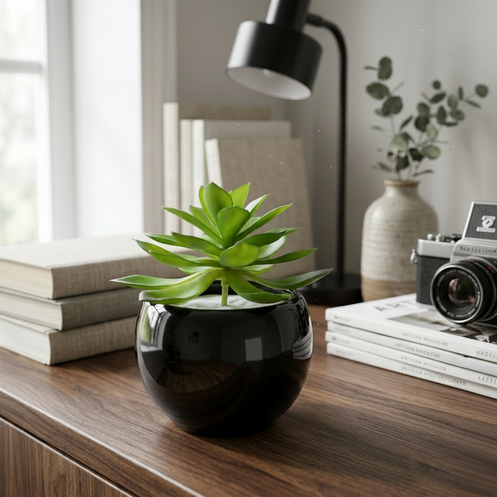 Black Ceramics Pot with artificial Succulent Plant