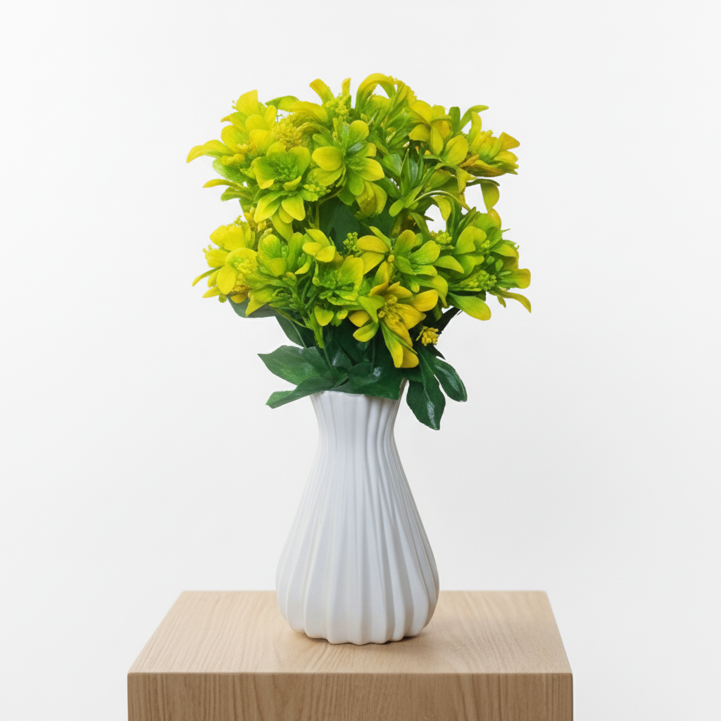 Unique Designer Plastic Vase (White) with Plastic Plant Leaves & Yellow Flowers