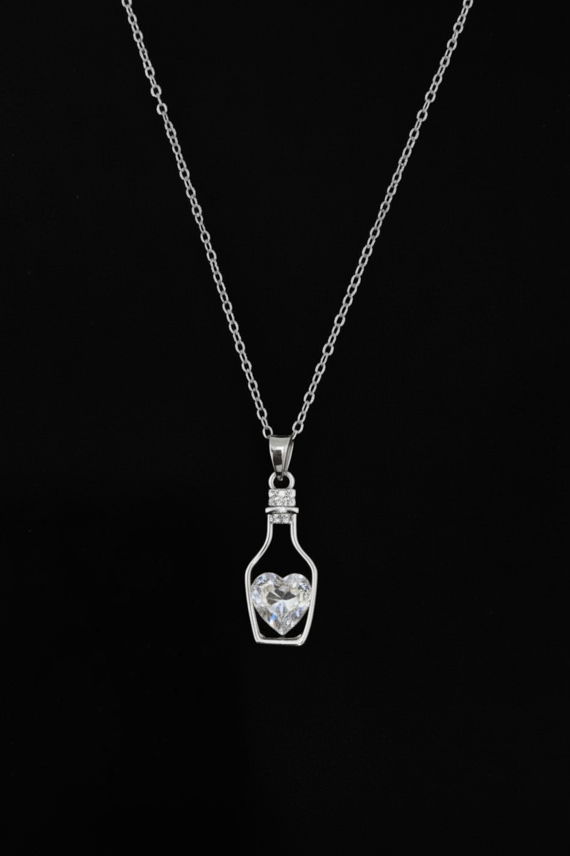 Aqua Crystal Heart in a Silver Hollow Drift Bottle Charm Locket in Gift Packing
