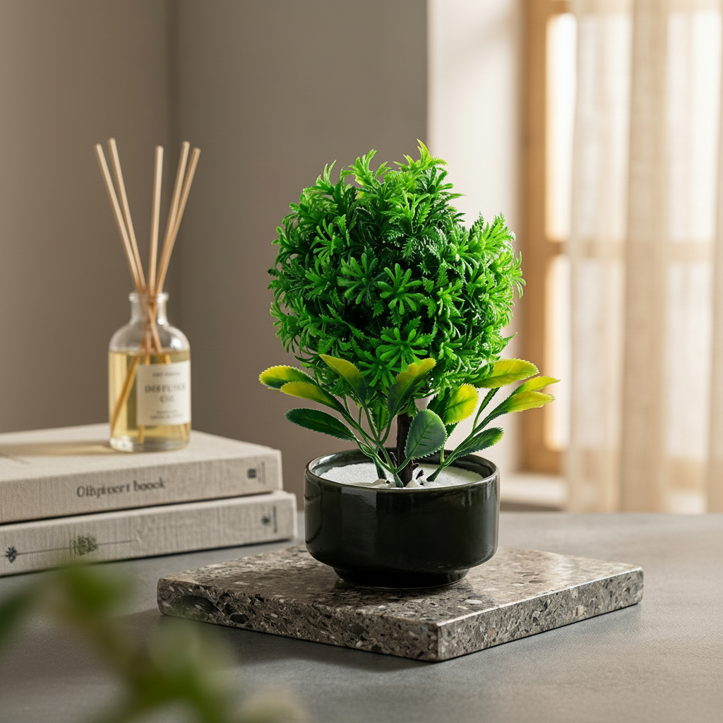Green Ceramic Pot with Artificial Lush Green Ball shaped Tree