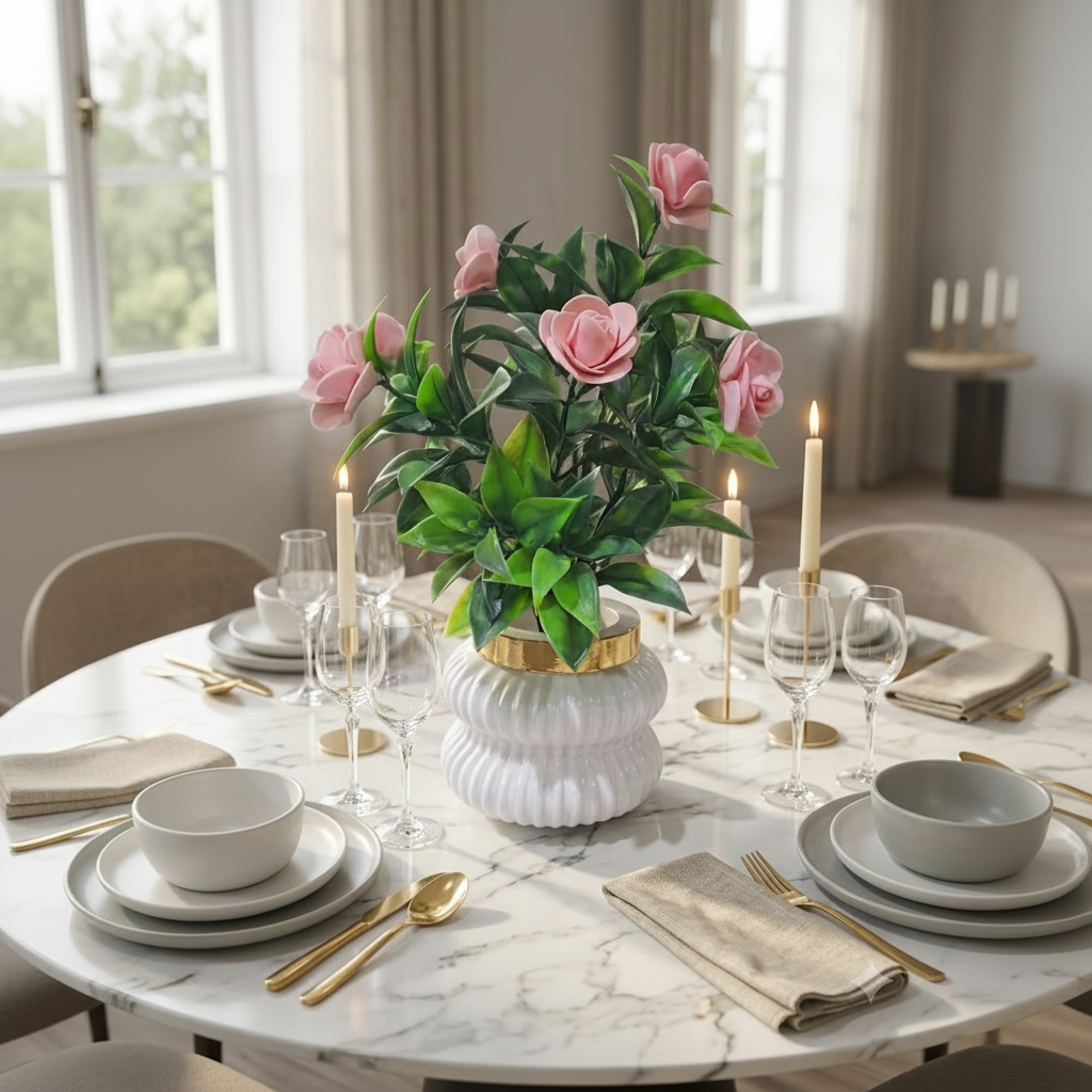 Peach Camellia-Style Blossoms and lush green foliage in a white, ribbed Plastic Pot