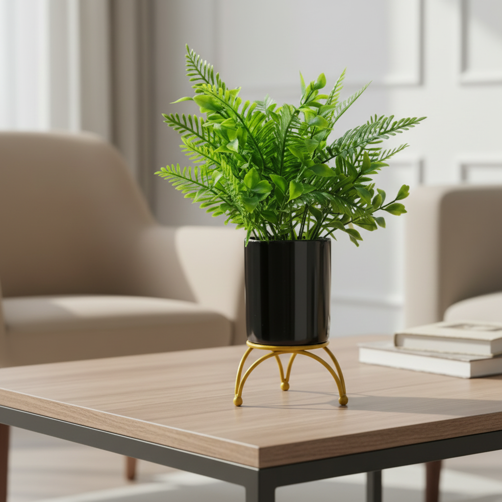 Black Ceramic Pot with Classic Green Plant on Golden Metallic Stand