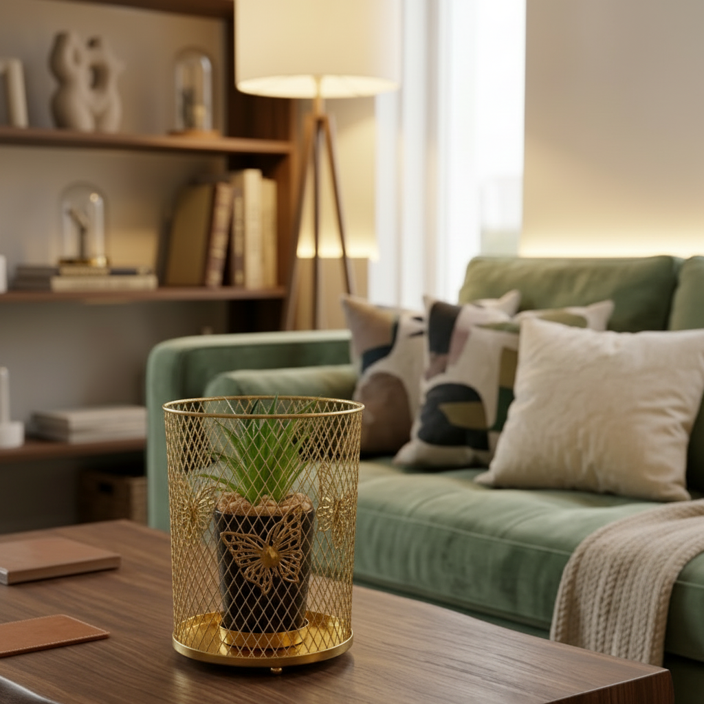 Cactus with Planter inside Golden Metallic Stand