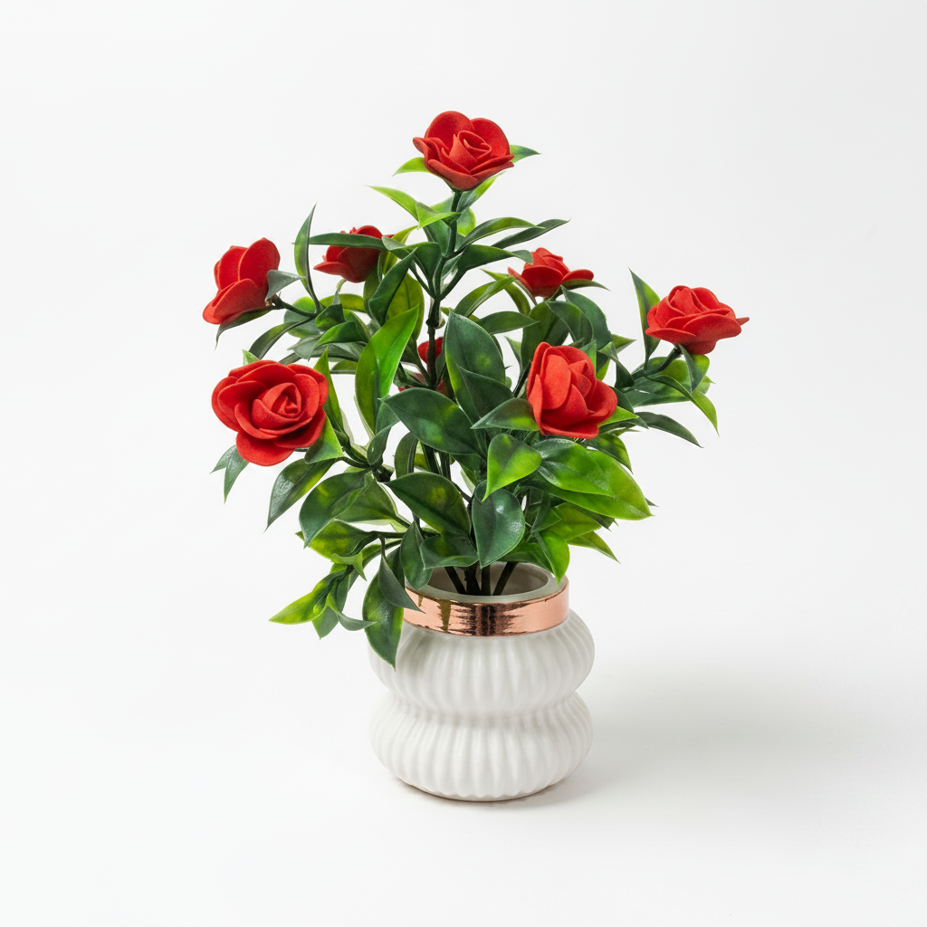 Red Camellia-Style Blossoms and lush green foliage in a white, ribbed Plastic Pot