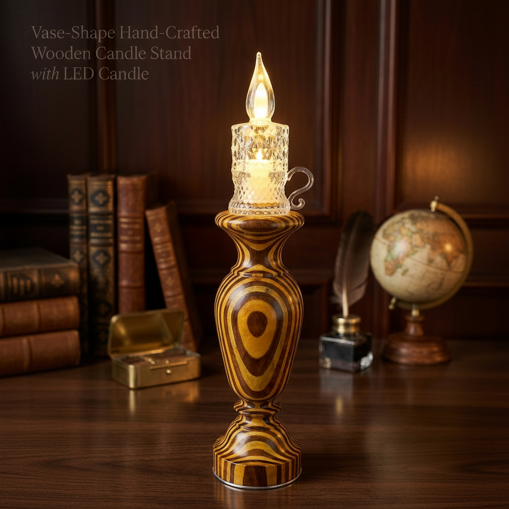 Wooden Hand Crafted Painted Vase Shape Candle Stand with LED Candle
