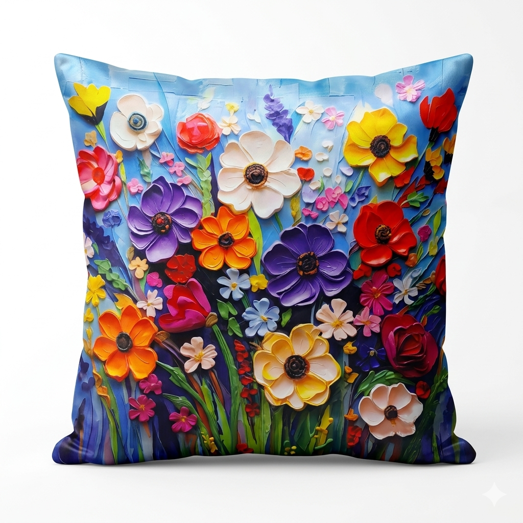Pack of 2 Cushion Covers of 3-D Photo Printed (Foil) Spring Flowers (Without Filling)