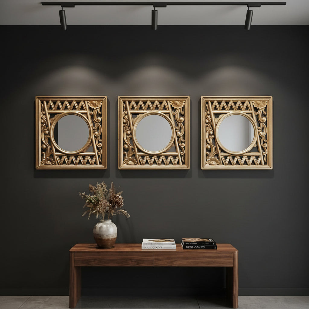 3-PCS Set of Golden Geometric and Floral Cutout Design with Round Mirror at Center