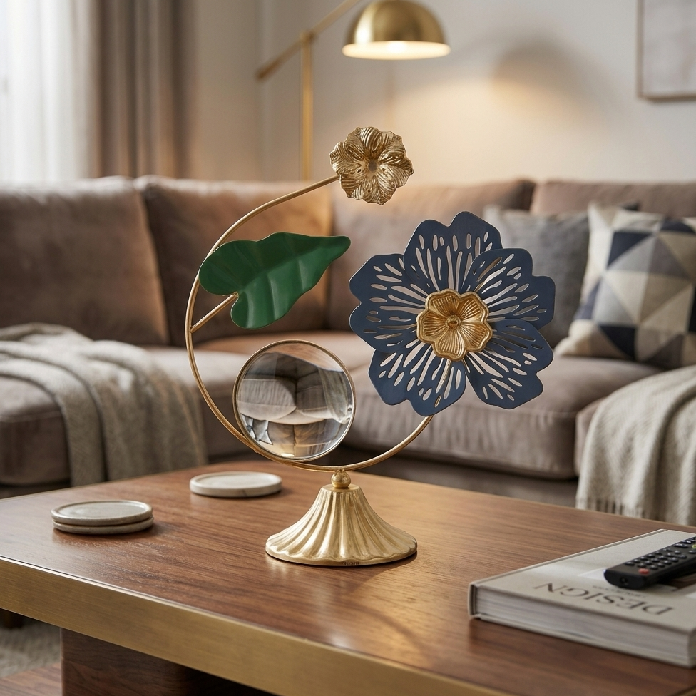 Golden Metallic Semi Circle Frame on Stand with Leave, Flowers & Mirror over it