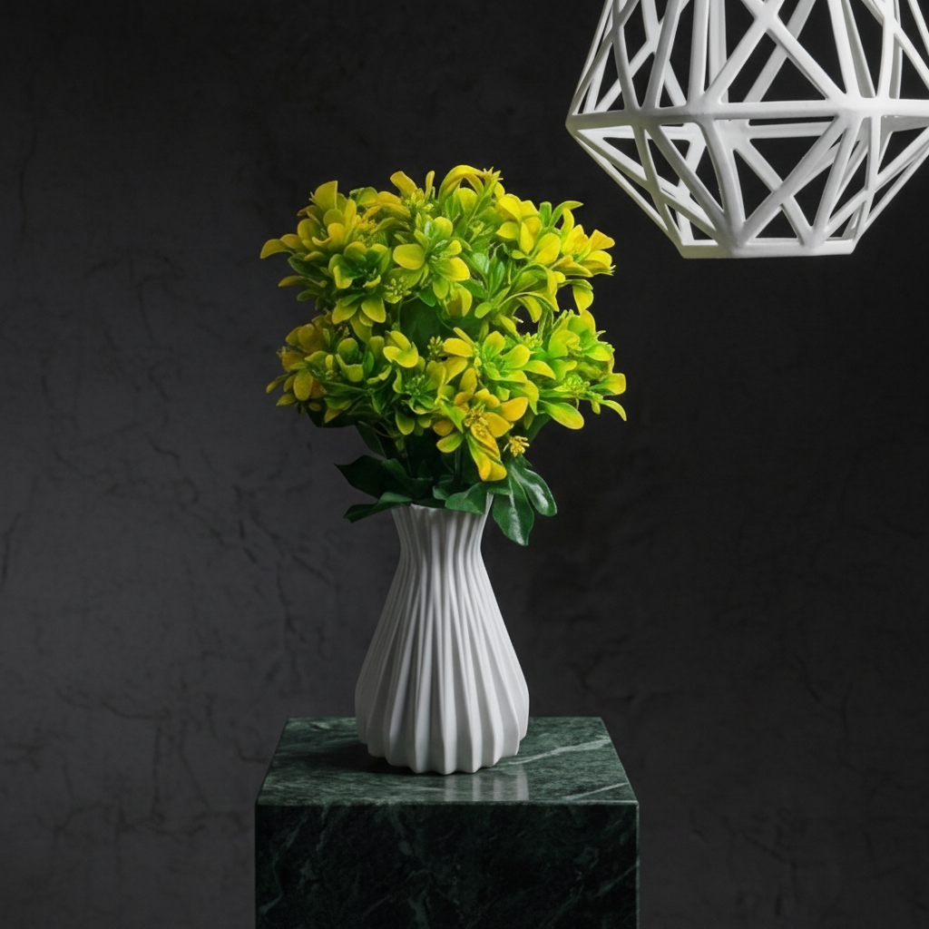 Unique Designer Plastic Vase (White) with Plastic Plant Leaves & Yellow Flowers