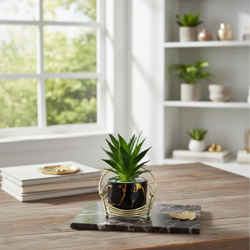 Black Ceramic Pot with Cactus Plant on an oval shaped Golden Metallic Stand
