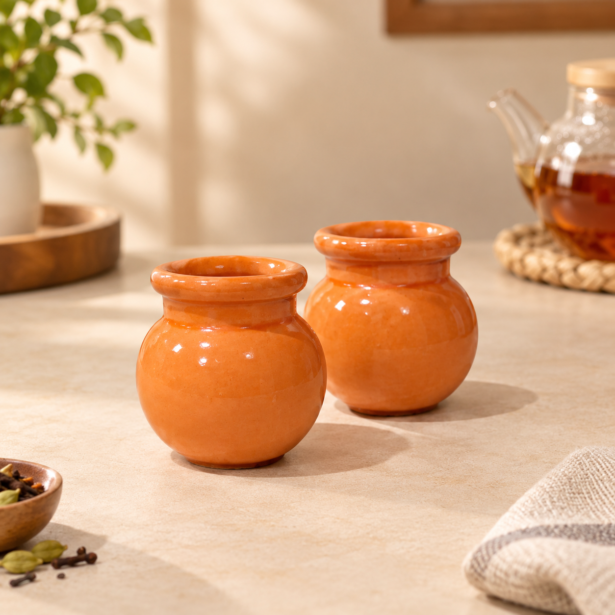 2-Pcs Set of Handmade Orange Colour Ceramics Matki Style Qahwa/Chai Pots