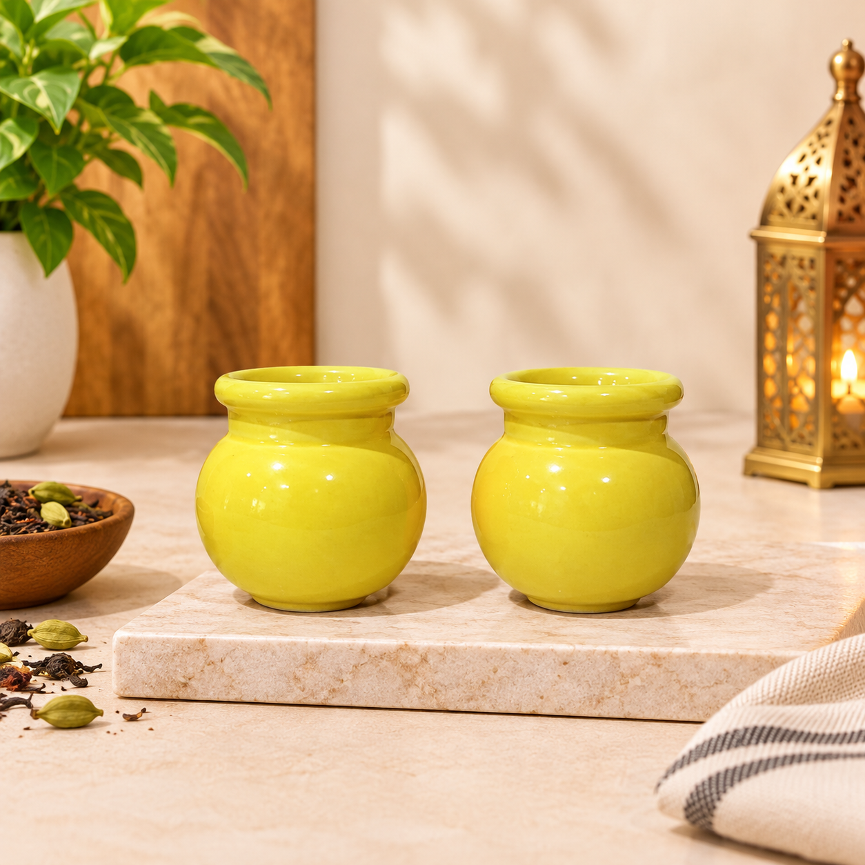2-Pcs Set of Handmade Yellow Colour Ceramics Matki Style Qahwa/Chai Pots