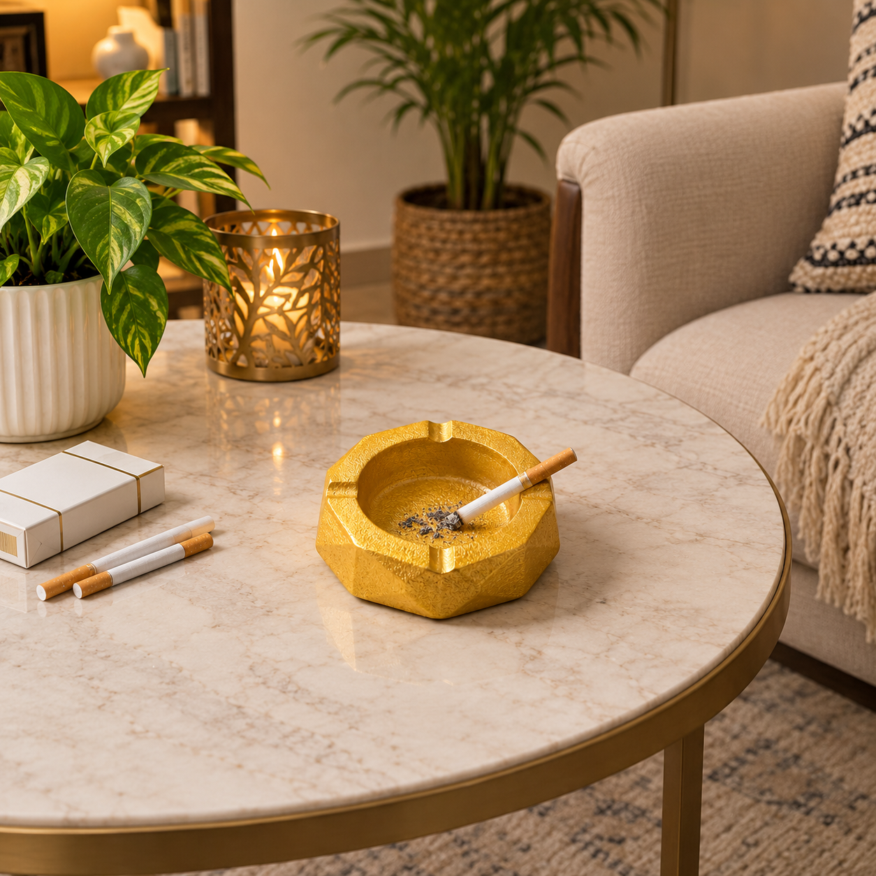 Octagon Shaped Golden Ceramic Ashtray with four Cigarette rests