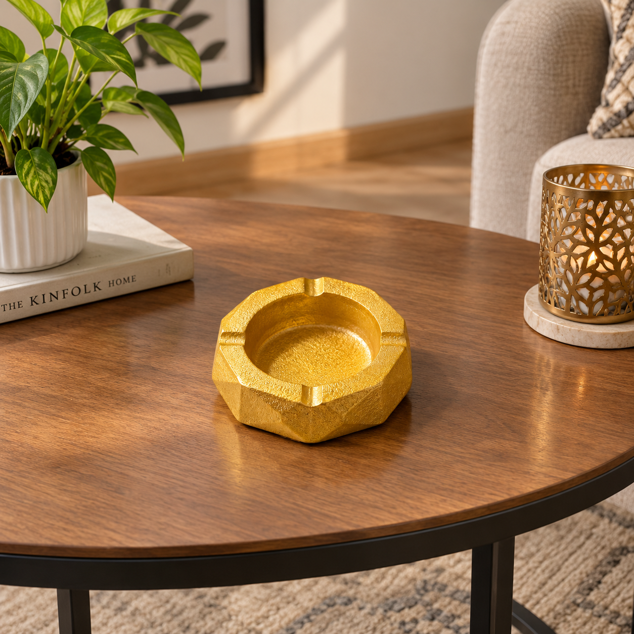 Octagon Shaped Golden Ceramic Ashtray with four Cigarette rests