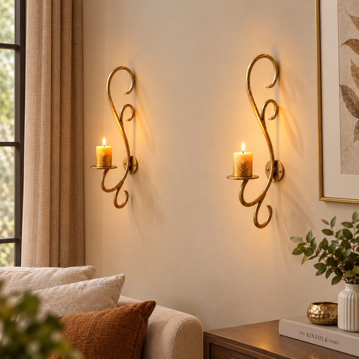 Set of 2 gold-painted metal wall sconce Candle Holder with an Ornate Curved vine and loop design (without Candles)